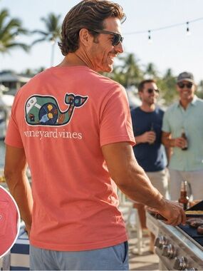 Vineyard Vines L Salmon Pink BBQ Football Whale Pocket T Shirt Cotton Large